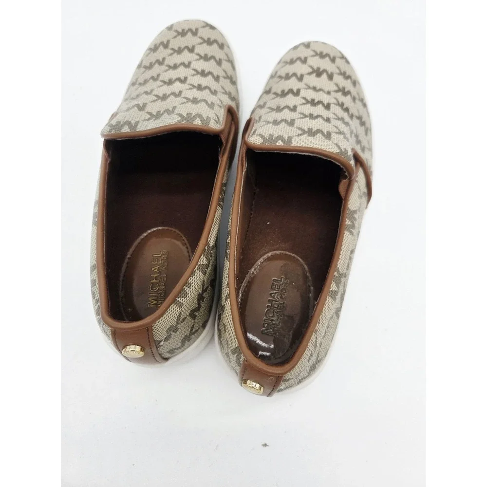 Michael Kors Women's Keaton Slip-On Shoes Tan Brown All Over MK Logo Size 6‎
